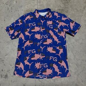 Columbia PFG Blue Short Sleeve Button-Down Shirt with American Flag Shark Print